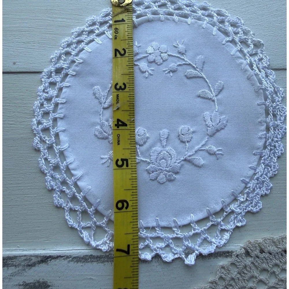 Vintage White Linen Embroidered Crochet Lace Doilies Set of 3 Coasters 7-8 Inch